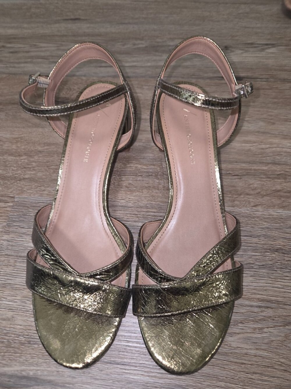 Anthropologie size 8M Gold Heels Sandals Sling-back Open toe Shoes Strappy